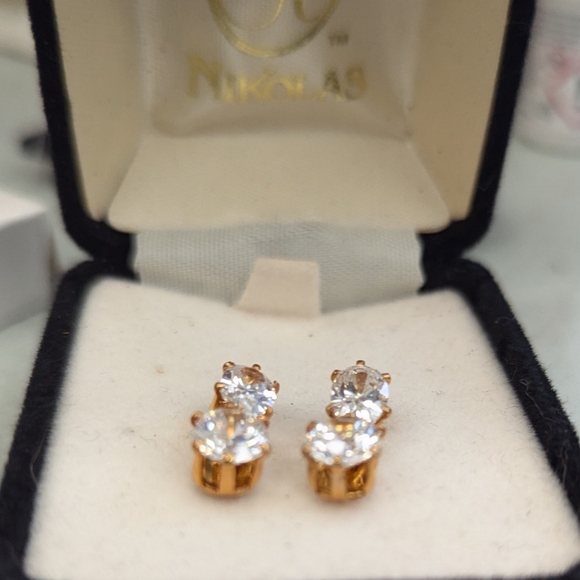 Double Oval Gold Plated Cubic Zirconia Earrings - Picture 2 of 2